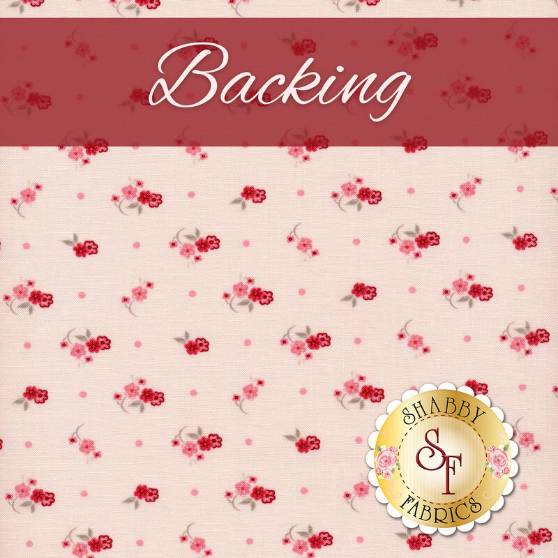A swatch of light blush fabric with ditsy flower print and pink polka dots. A red banner at the top reads 