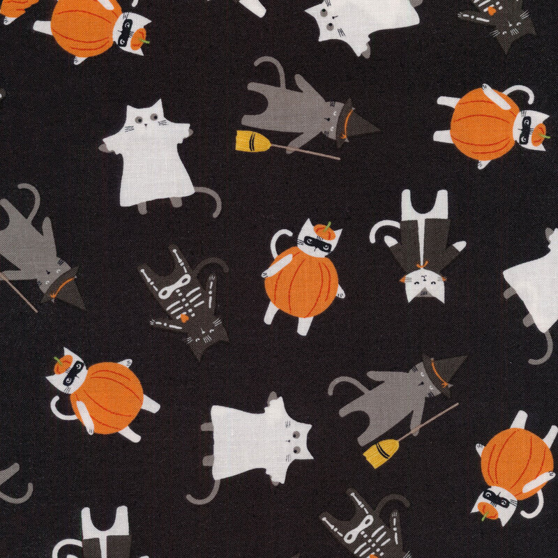 Black fabric with cartoon cats all over in different costumes of classic Halloween monsters: Vampire, Ghost, Witch, Skeleton, Pumpkin, etc.