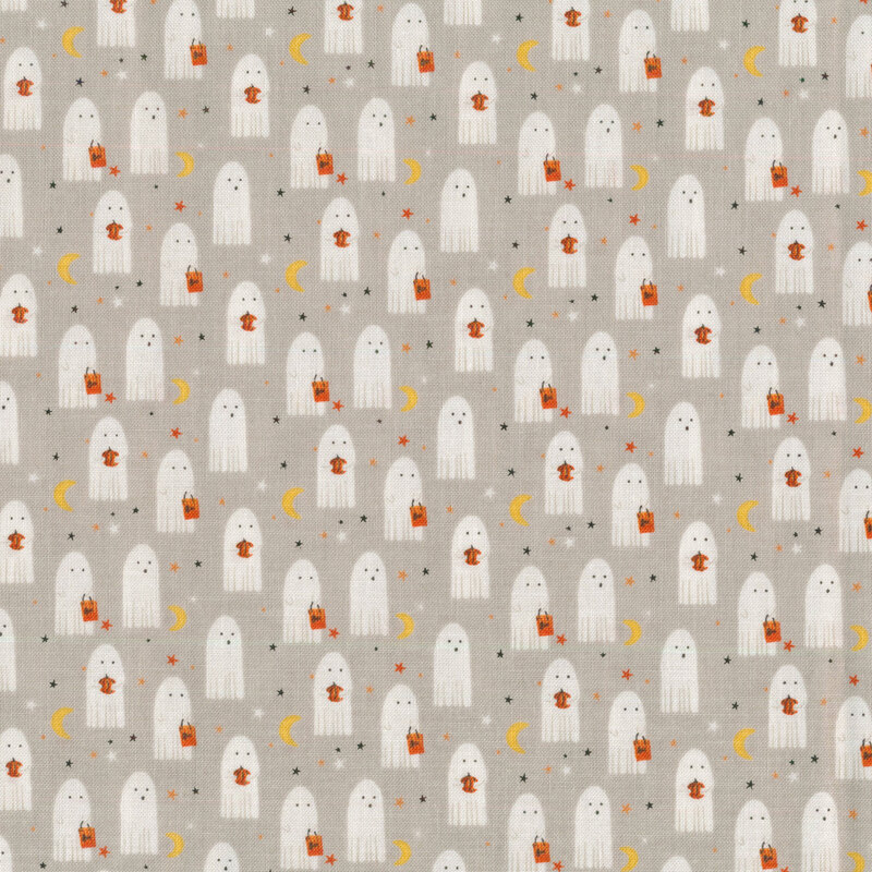 Pale gray fabric with small cartoon ghosts all over, some holding pumpkins or treat bags with dots in between