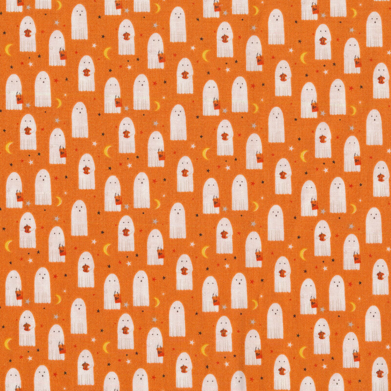 orange fabric with small cartoon ghosts all over, some holding pumpkins or treat bags with dots in between