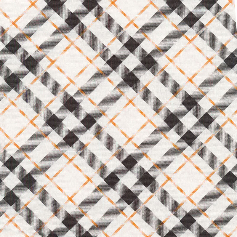 Off white plaid fabric with black and orange intersecting lines