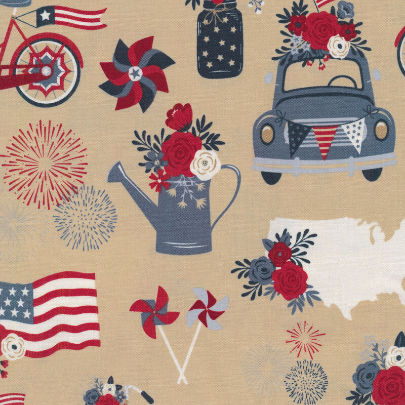old trucks, american flags, red bicycles and more on a tan background