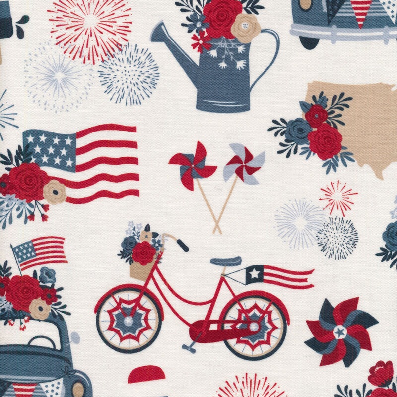old trucks, american flags, red bicycles and more on a white background