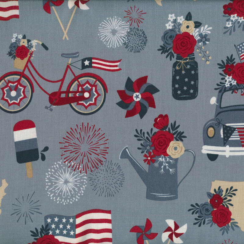 old trucks, american flags, red bicycles and more on a blue grey background