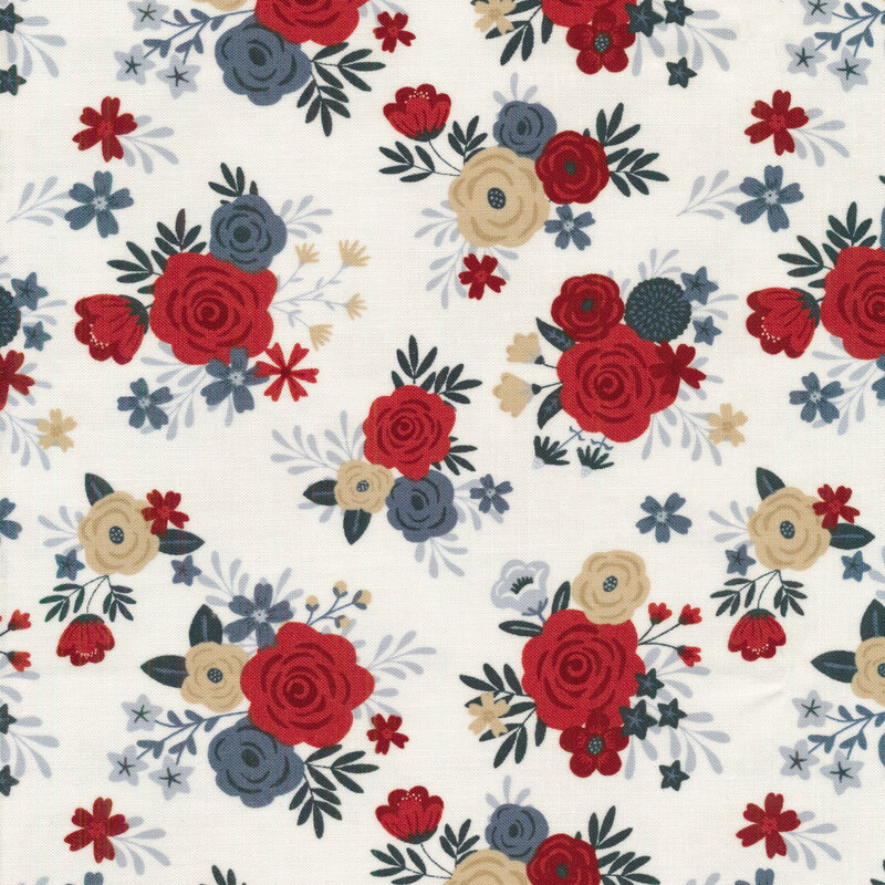 red blue and tan flowers on an offwhite background