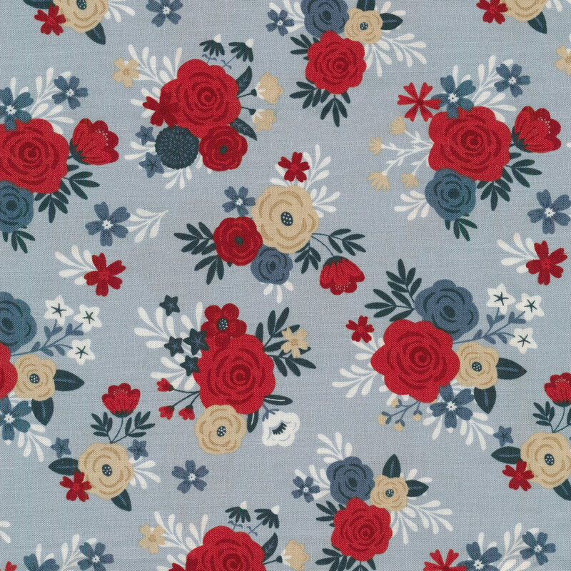 red blue and tan flowers on a blue-gray background
