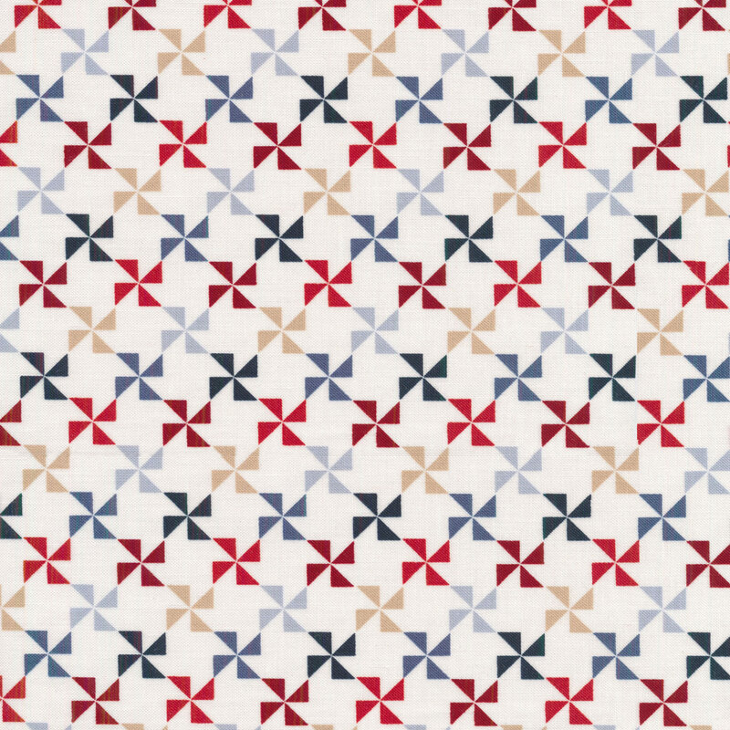 red, tan, navy blue and light blue pinwheels on a white background