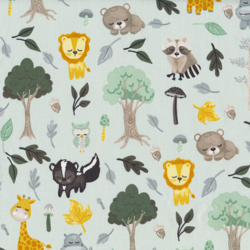 Light aqua fabric with baby animals, trees, and leaves all over