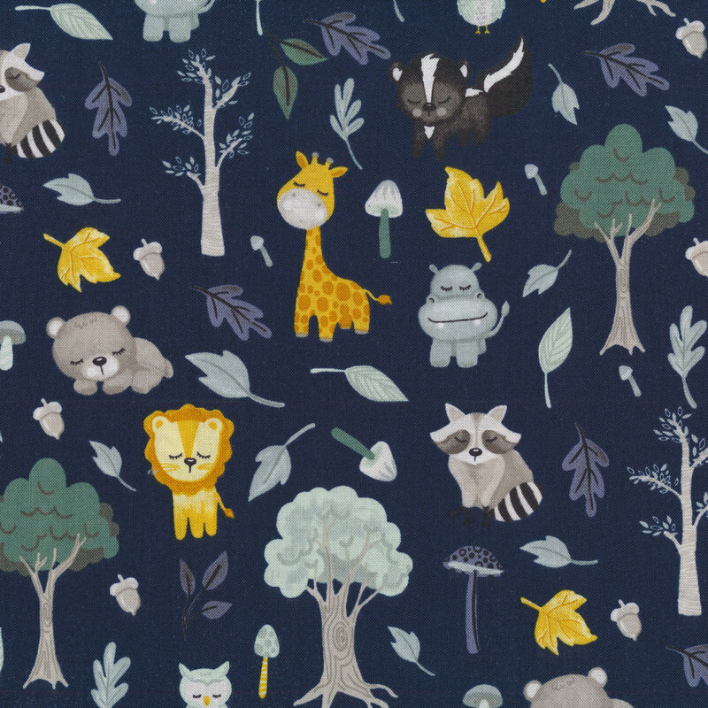 Dark navy fabric with baby animals, trees, and leaves all over