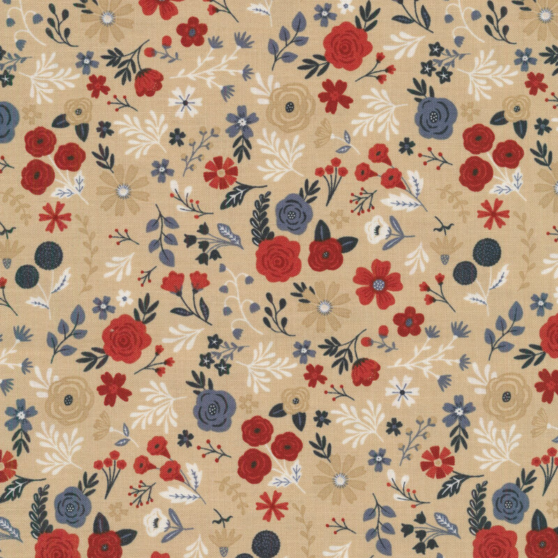 red, white and blue flowered covering a tan background. 