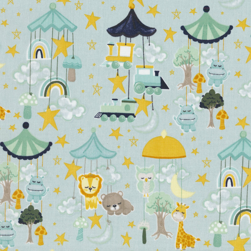 Light aqua fabric with baby animals, trains, stars, and puffy clouds.