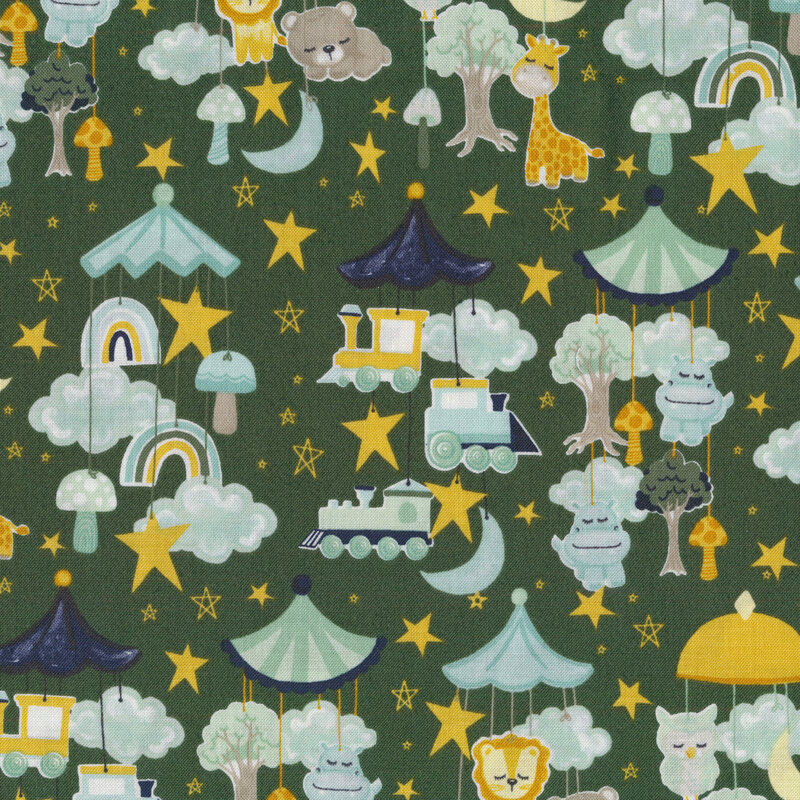 Dark green fabric with baby animals, trains, stars, and puffy clouds.