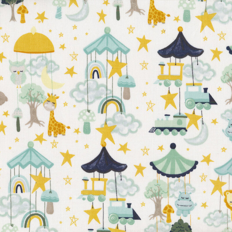 White fabric with baby animals, trains, stars, and puffy clouds.