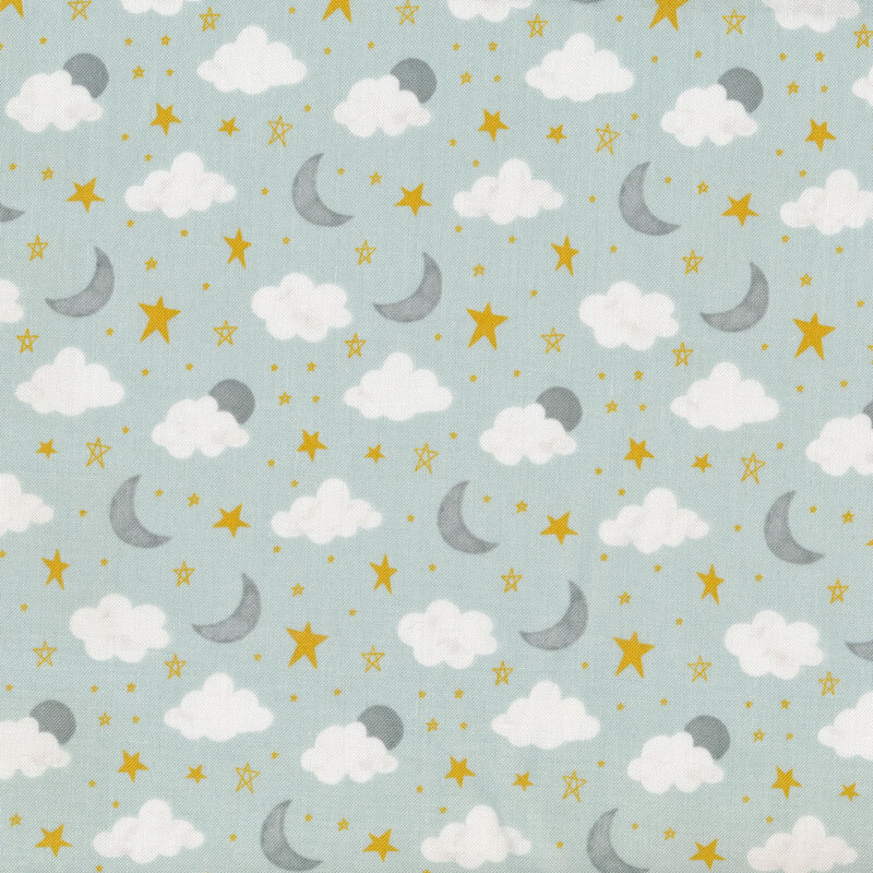 Light aqua fabric with white clouds, teal crescent moons, and gold stars all over