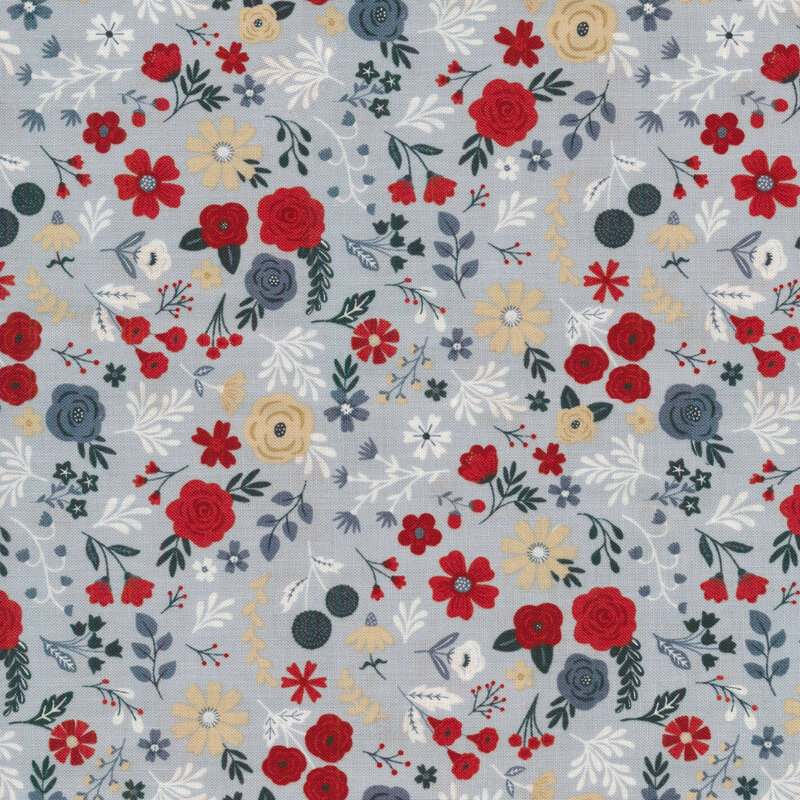 red, white and blue flowered covering a blue gray background