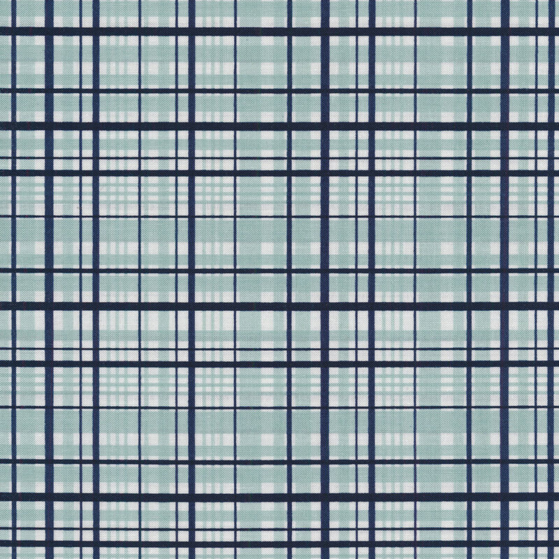 Sewing fabric with light teal and navy blue gingham stripes all over a white background.