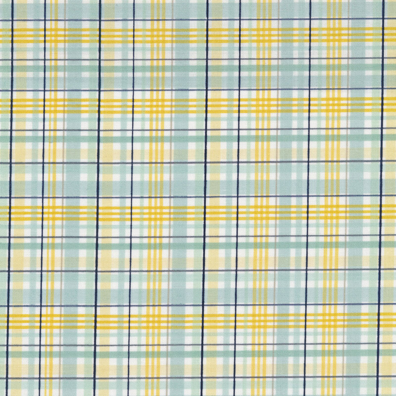 Sewing fabric with light yellow, aqua, and navy blue stripes on a white background