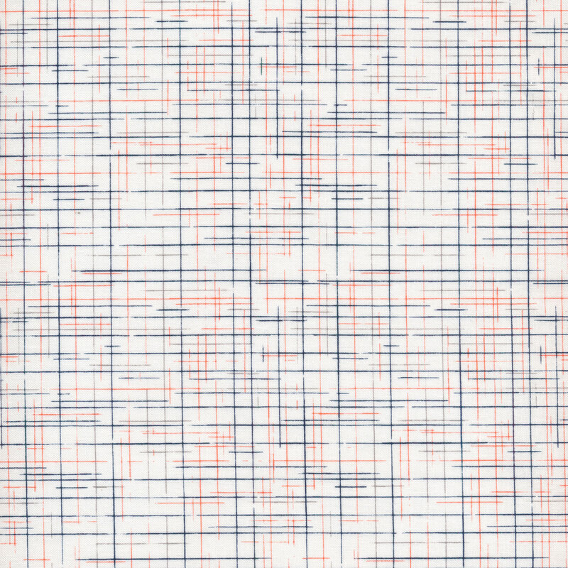 White fabric with criss crossing orange and black cross hatched lines