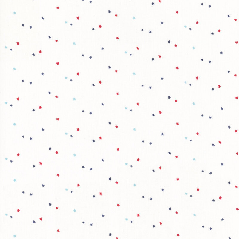 white fabric with small red, navy and blue stars