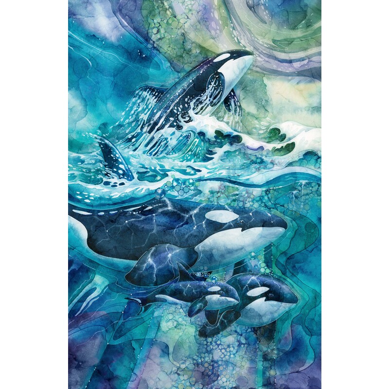 full size image of panel showing a side view of an ocean scene, half above the water, half below. A pod of orcas swim and jump out of the water.