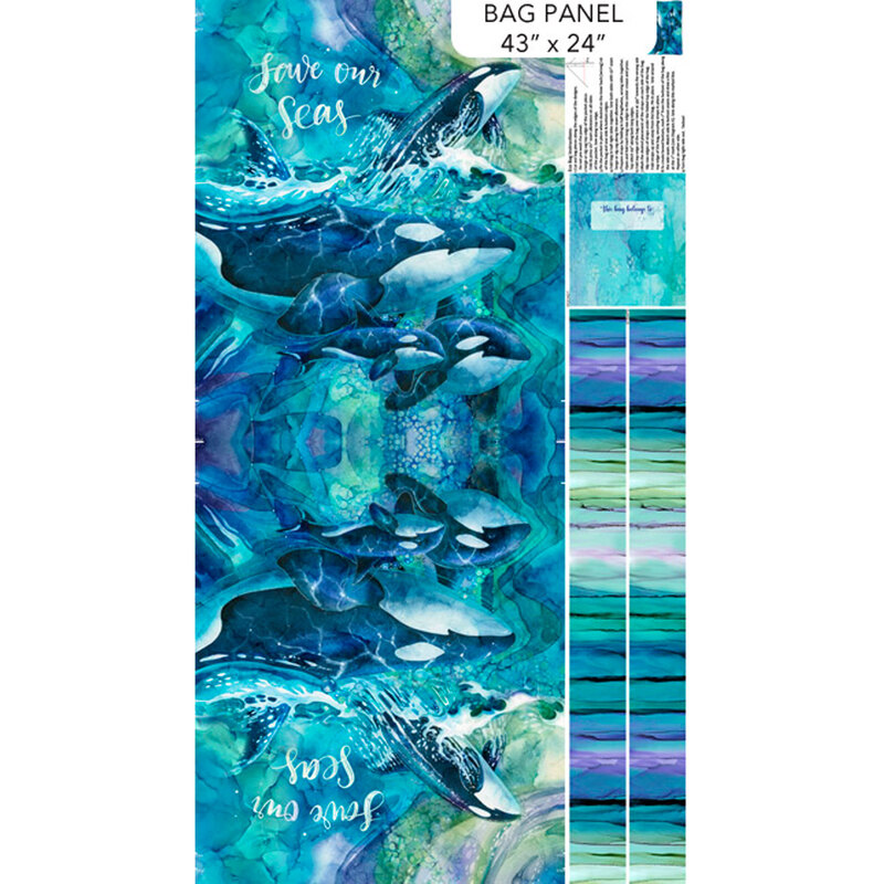 A full panel with a marbled teal and blue background and pod of orcas swimming