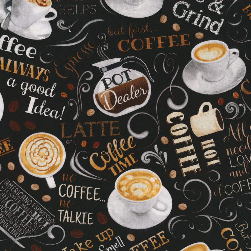 Black fabric with cups of coffee with coffee art and phrases in brown text and coffee beans all over