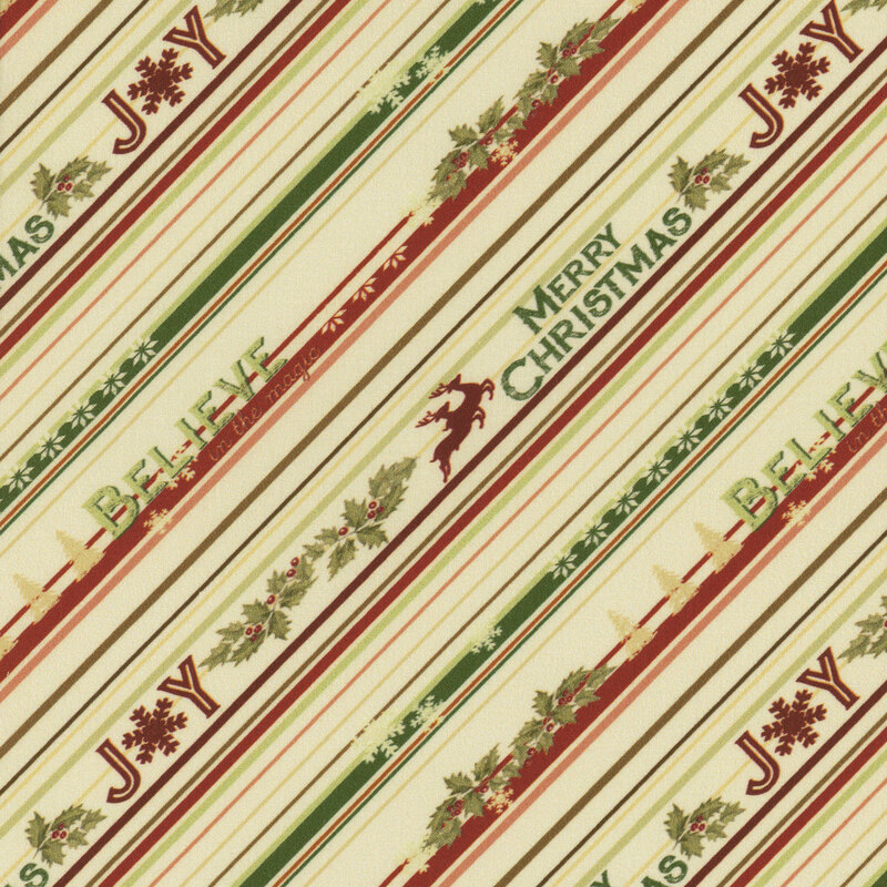 Cream fabric with red and green stripes and small Christmas embellishments