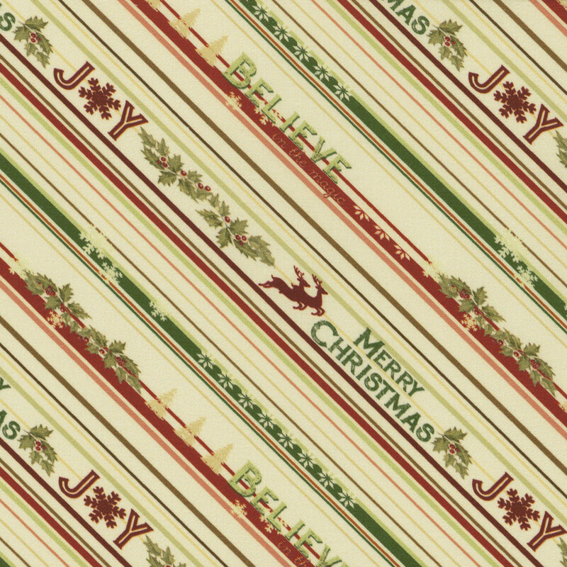 Cream fabric with red and green stripes and small Christmas embellishments