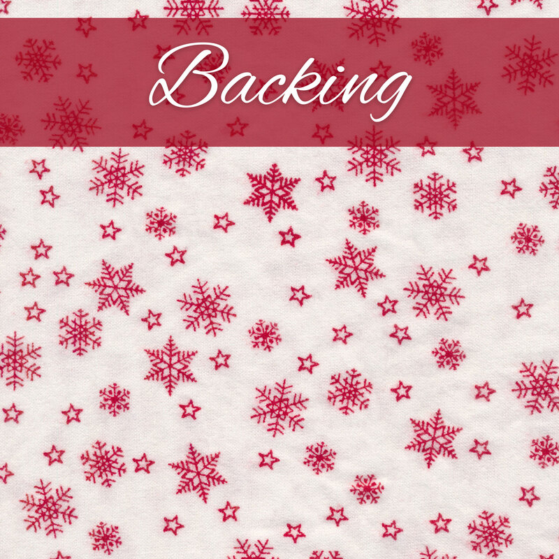 Flannel fabric of scattered red snowflakes on a white background with a red banner and the word 
