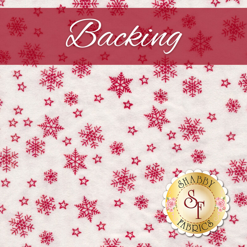 A swatch of white flannel fabric with scattered red snowflakes. A red banner at the top reads 