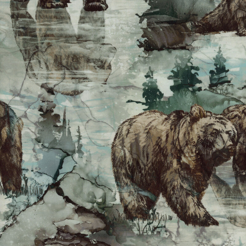 A marbled light gray fabric with grizzly bears, and pine trees