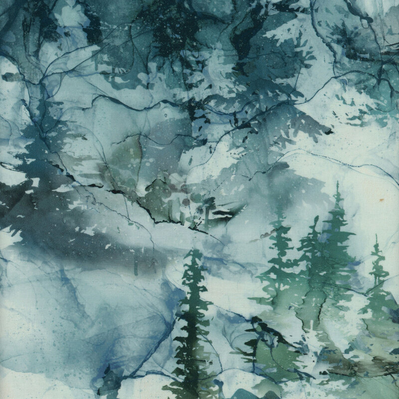 A marbled and mottled light teal fabric with scattered pine trees