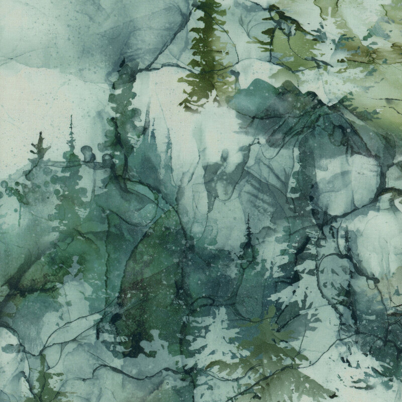 A marbled and mottled light green fabric with scattered pine trees