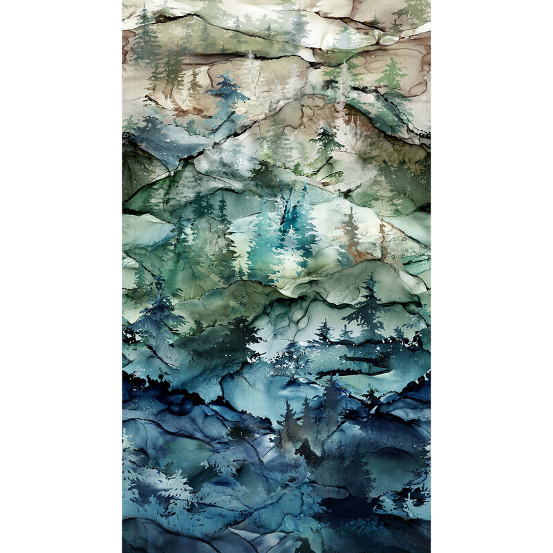 A dark teal, green, and tan ombre print with a marbled stone texture and pine trees