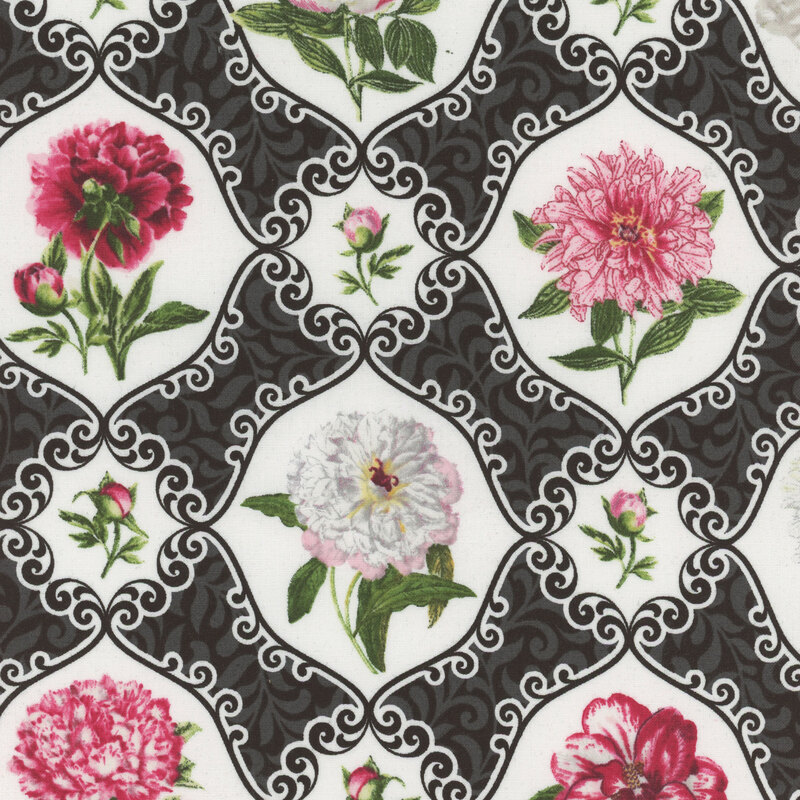 Fabric with black and white damask print with white and pink flowers
