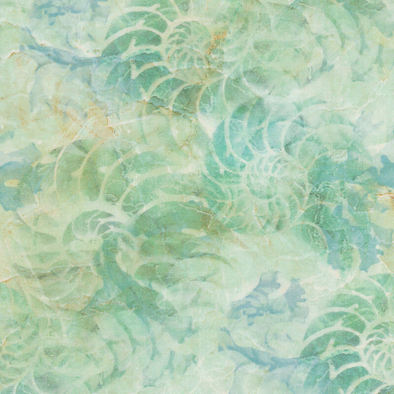 Light green and cream marbled fabric with tonal spiraled sea shells all over