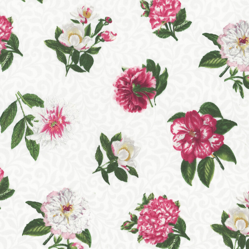 fabric with pink and white flowers on a white background with cream scrolls