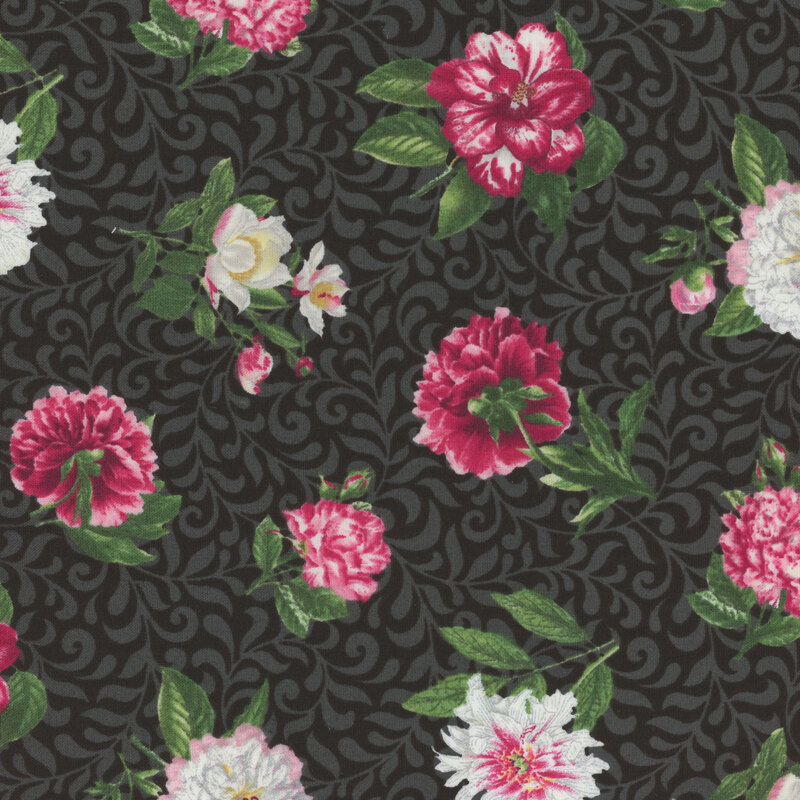 fabric with pink and white flowers on a black background with gray scrolls