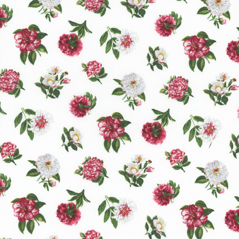 fabric featuring tossed ditzy white and pink flowers on a white background
