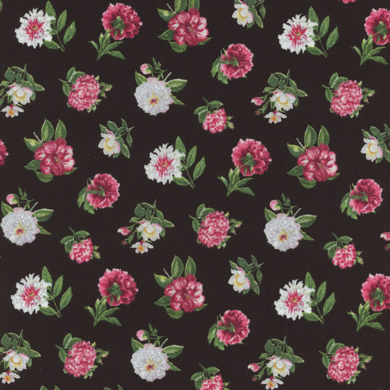 fabric featuring tossed ditzy white and pink flowers on a black background