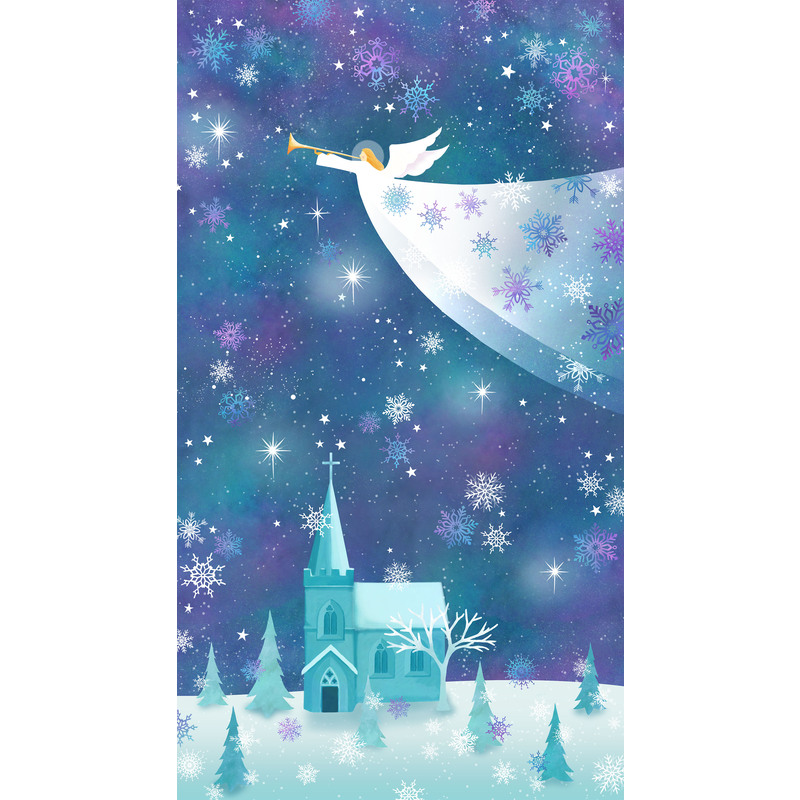 Full image of panel showing a night sky with an angel and a church in a snowy field