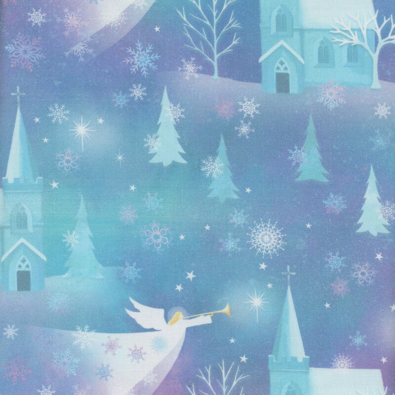 Light blue and purple fabric with tonal churches, trees and snowflakes with white angels flying with trumpets