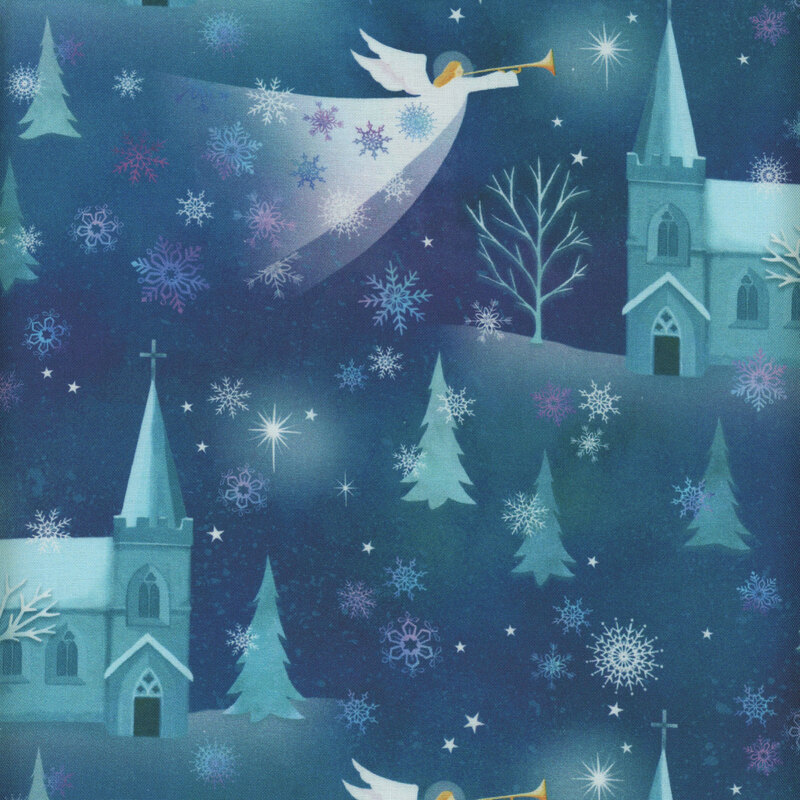 navy blue fabric with tonal churches, trees and snowflakes with white angels flying with trumpets
