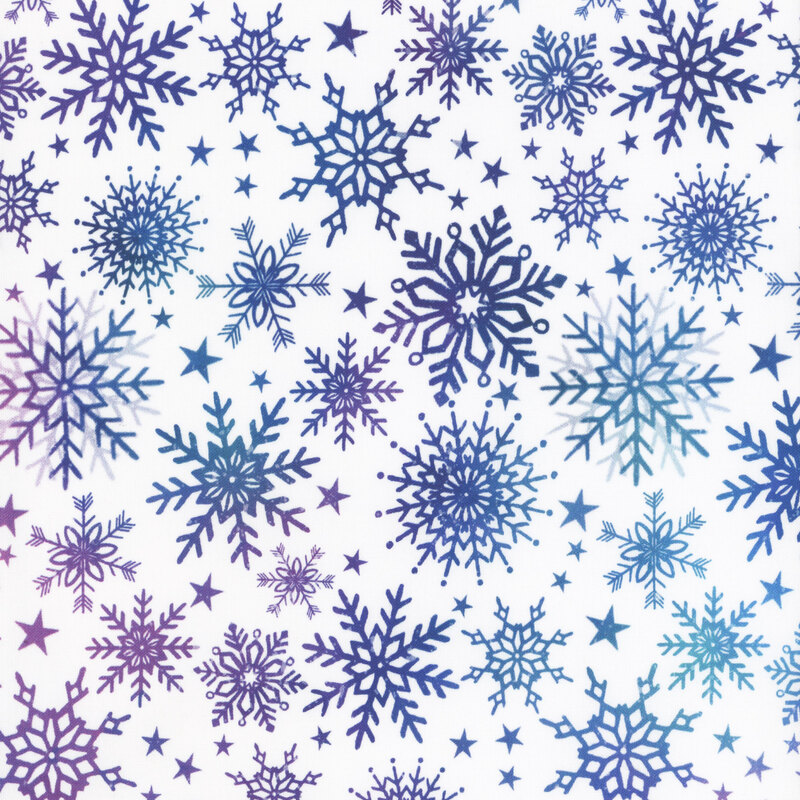 white fabric with purple and blue variegated snowflakes all over