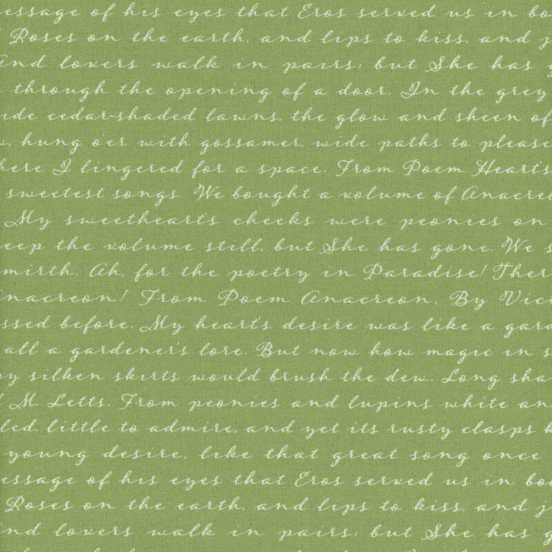 fabric featuring sage green background with white cursive writing in vertical stripes