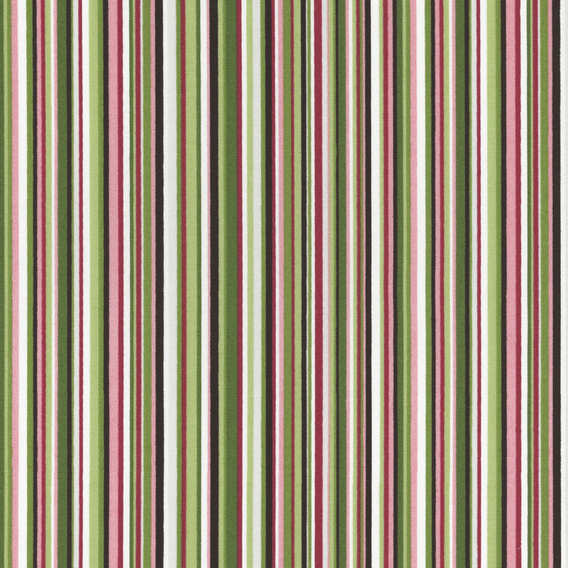 fabric featuring pink, green, black and white vertical stripes 