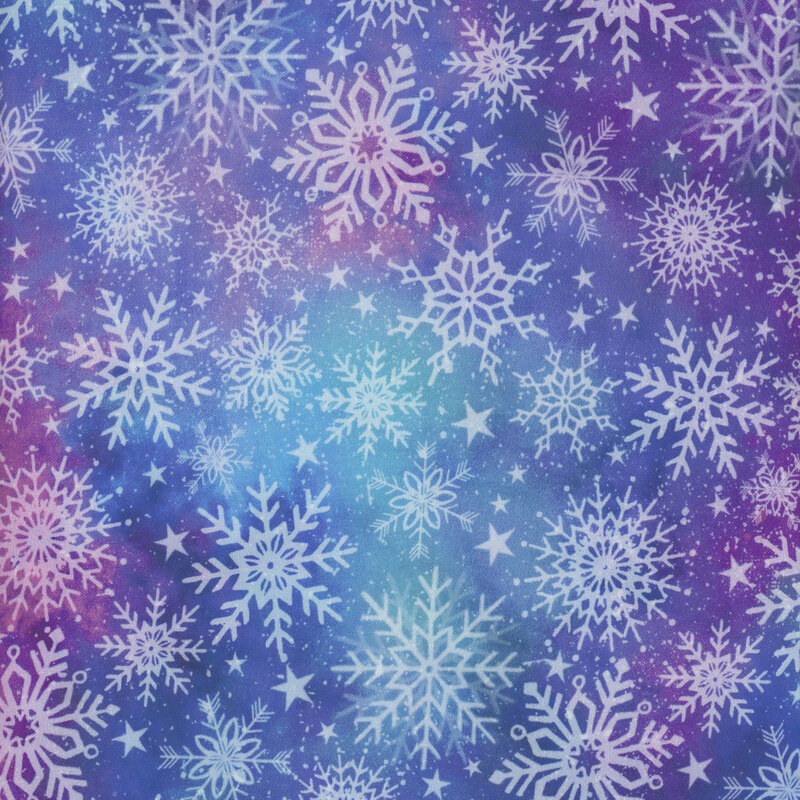 variegated teal, pink, and purple fabric with white snowflakes and stars all over