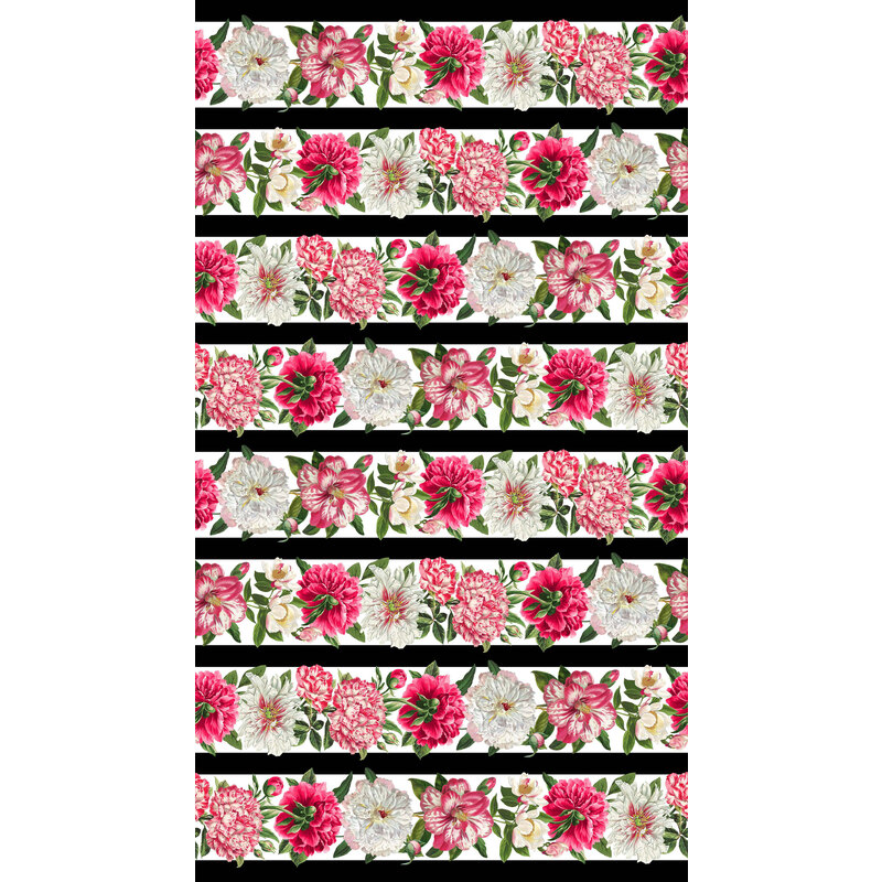 white and pink flower border stripe fabric with white and black stripes