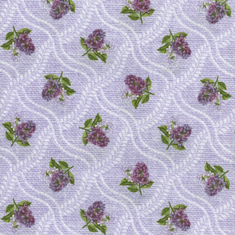 ditzy tossed bundles of lilac on a light purple background with a white lattice pattern
