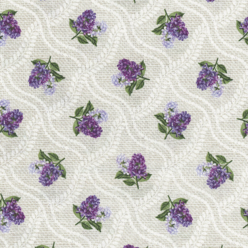 ditzy tossed bundles of lilac on a cream background with a white lattice pattern